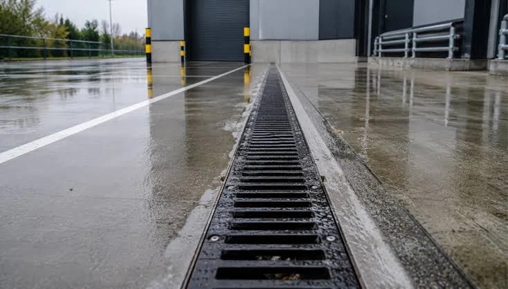 Commercial channel drainage outside an industrial unit in wet conditions