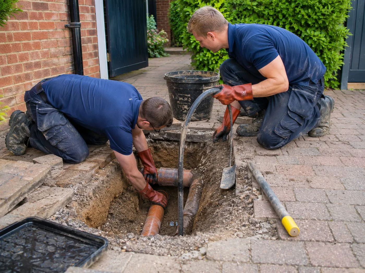 Two drainage engineers clearing and repairing an underground drain outside a Shropshire home